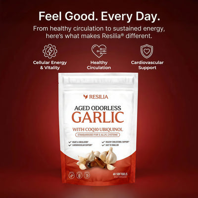 Resilia Odorless Aged Garlic Softgels (60 Count) 600mg Aged Garlic Per Serving | With CoQ10 Ubiquinol & Vitamin K2 (MK-7) | Dietary Supplement