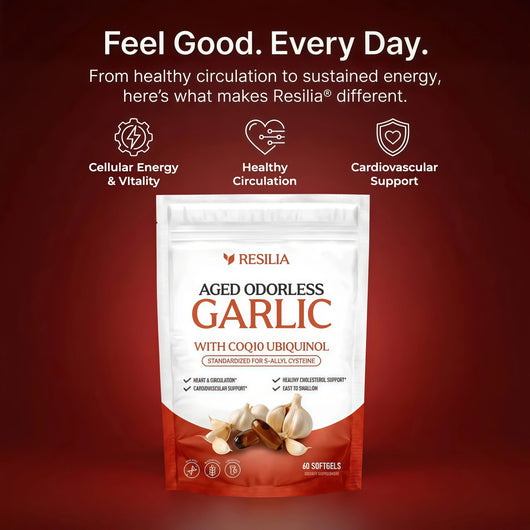 Resilia Odorless Aged Garlic Softgels (60 Count) 600mg Aged Garlic Per Serving | With CoQ10 Ubiquinol & Vitamin K2 (MK-7) | Dietary Supplement